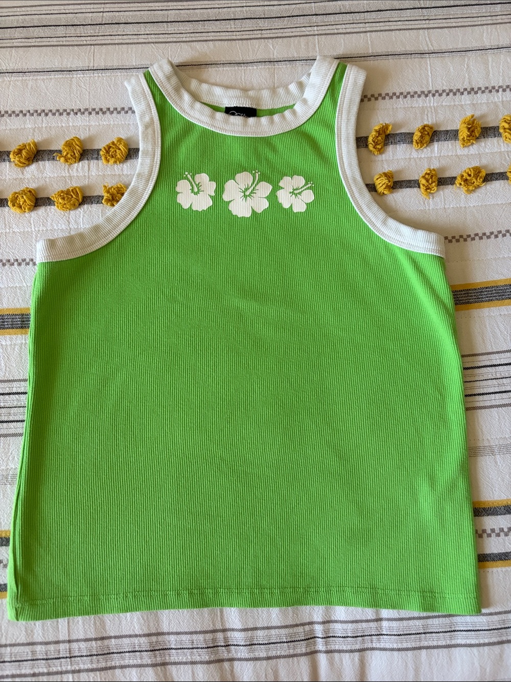 Art Class Girls Green Ribbed Tank Top with White Trim and Floral Print